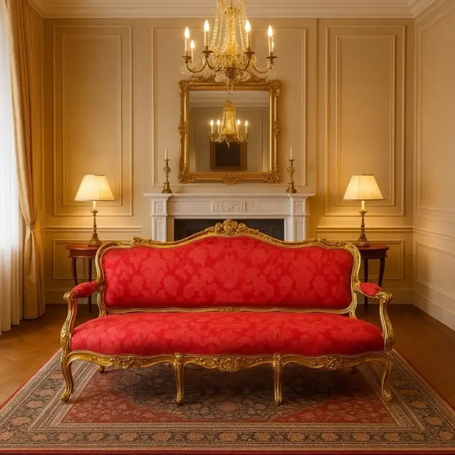 aed-12.1 Sofá antiguo estilo Luis XV dorado con tapicería roja - Imagen 1