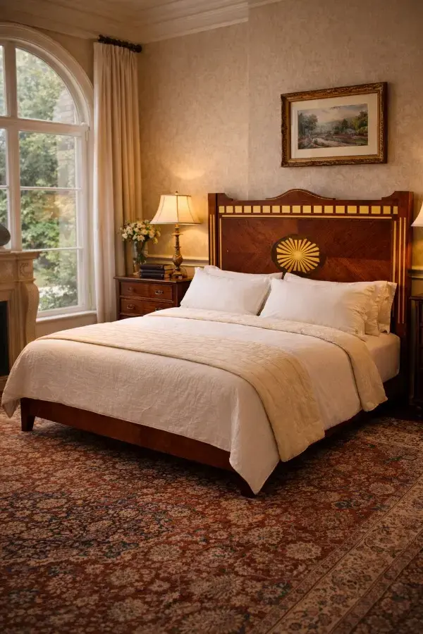 aed-13.1 Cama antigua de madera con cabecero geométrico estilo Art Déco - Imagen 1