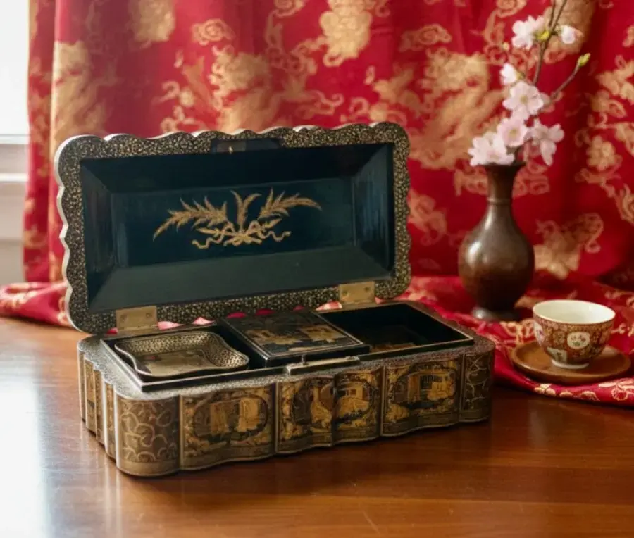 aed-34 Caja joyero antigua lacada con motivos orientales - Imagen 1