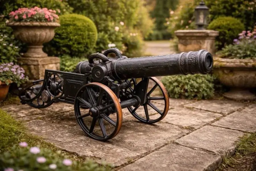 aed-4.2 Cañón antiguo de hierro fundido sobre cureña con ruedas - Imagen 1