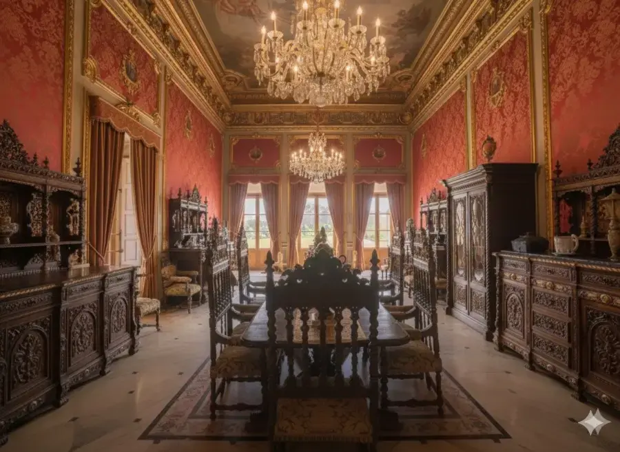 aed-45 Juego de comedor antiguo tallado con aparadores y vitrina - Imagen 1