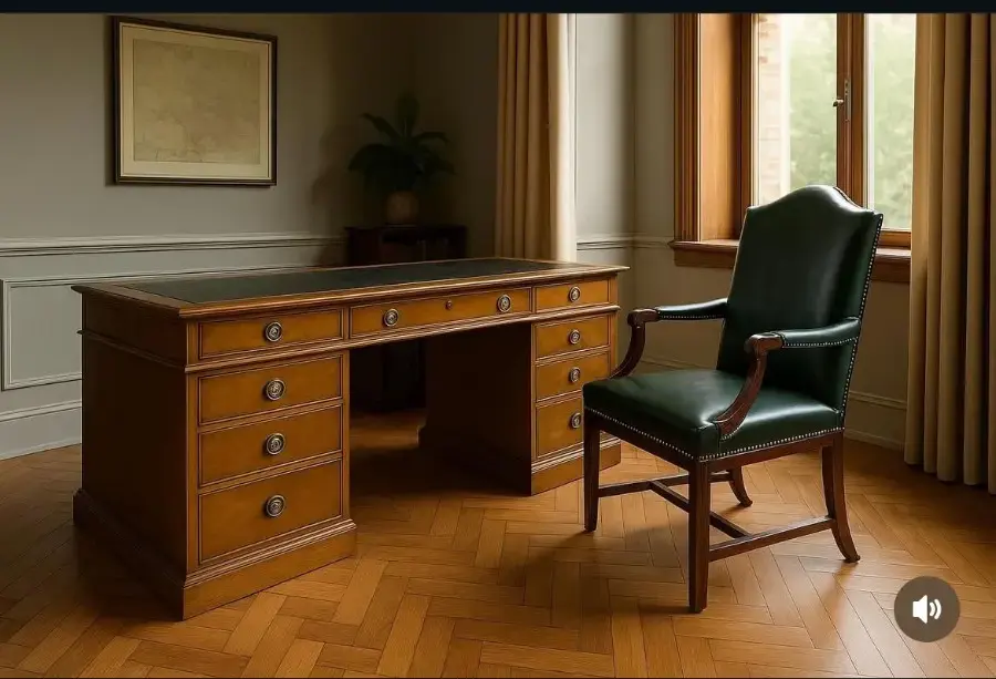 aed-49 Escritorio antiguo de despacho con tapas de piel y cajonera doble - Imagen 1