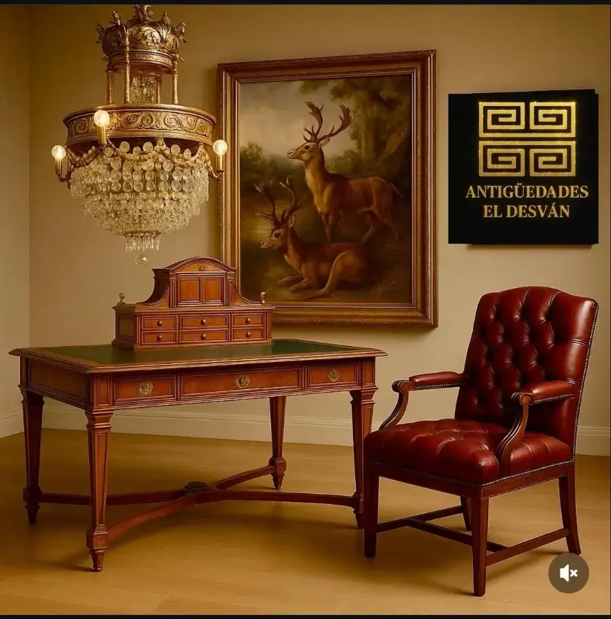 aed-52 Escritorio antiguo de despacho con tapa de cuero y alzada - Imagen 1