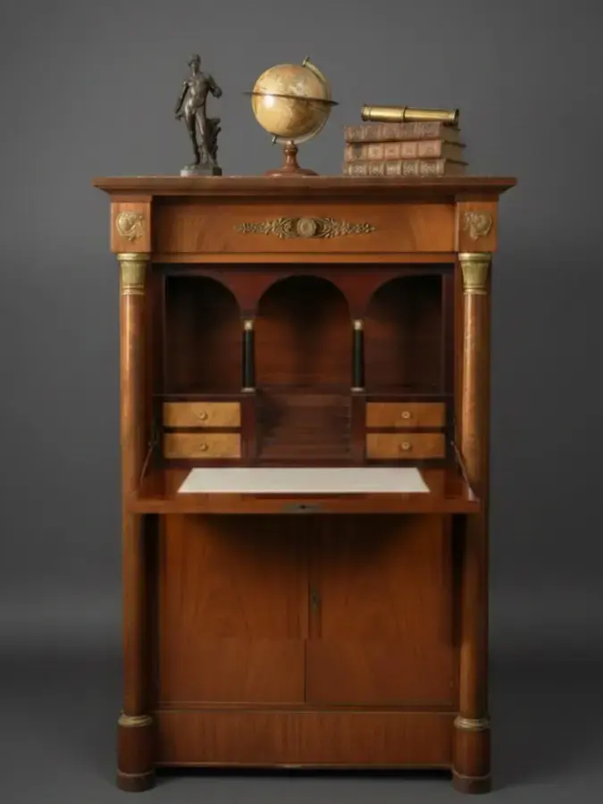 aed-6 Secreter abatible neoclásico de madera con columnas y bronces - Imagen 1