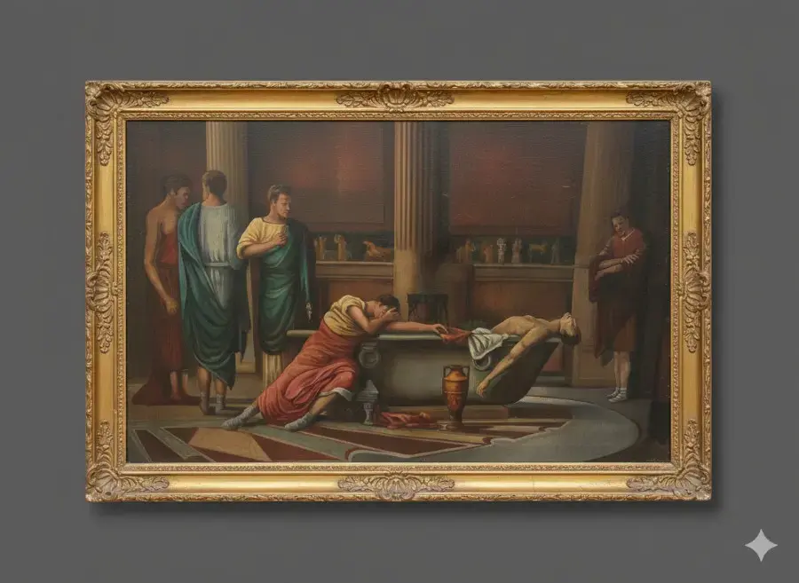 aed-81 Óleo académico de temática clásica con escena funeraria - Imagen 1