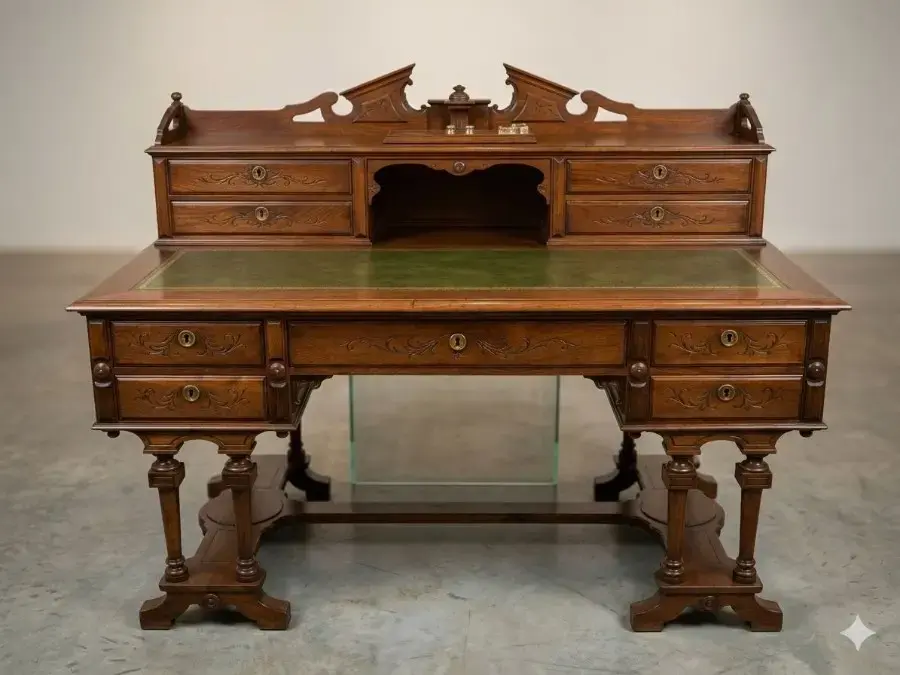 desvan-2-12 Escritorio antiguo de nogal con alzada y tapete de piel verde - Imagen 1