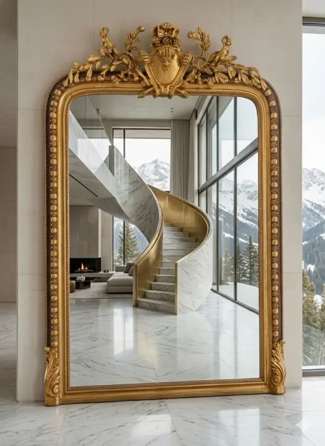 desvan-2-4 Gran espejo francés dorado de estilo Luis XVI con frontón de laurel - Imagen 1